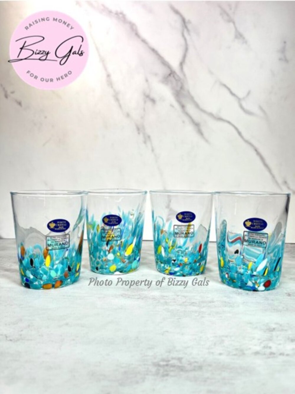 4 Murano White Cristal Turquoise confetti tumbler drinking glasses
